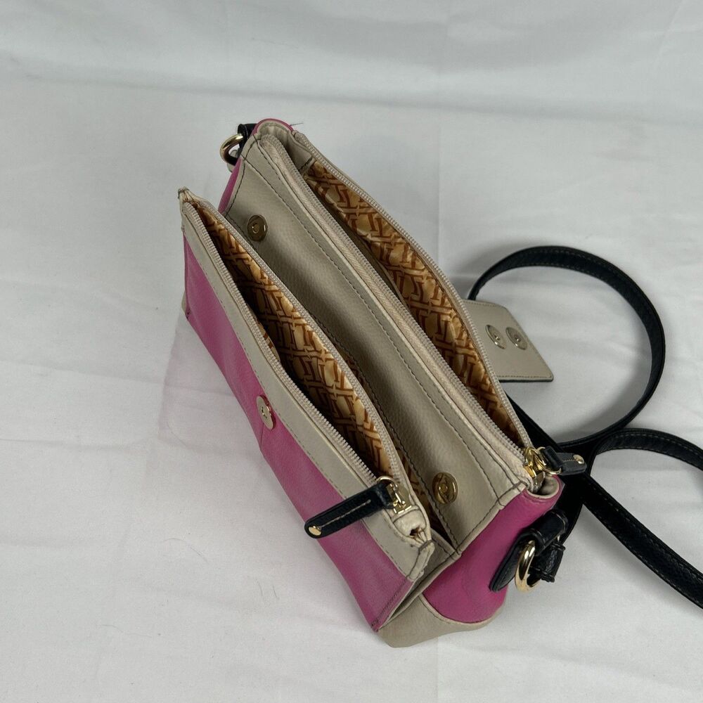 Tignanello Leather Hot Pink Taupe Crossbody Bag Purse Black Strap Barbie Preppy - Picture 13 of 16